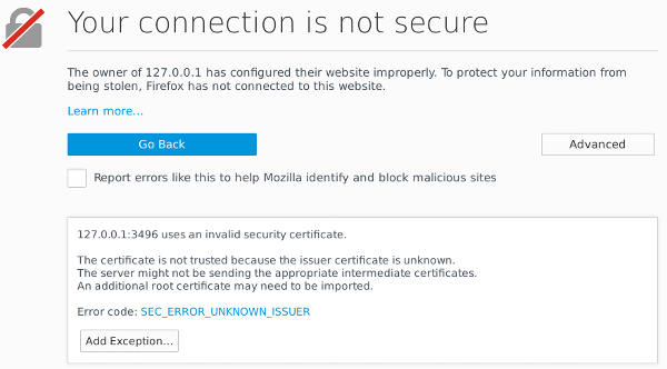 Screenshot mit Browsermeldung über unsichere Verbindungen