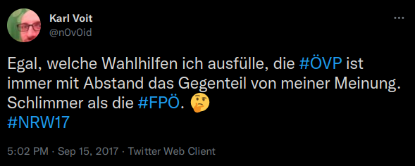 Egal, welche Wahlhilfen ich ausfülle, die #ÖVP ist immer mit Abstand das Gegenteil von meiner Meinung. Schlimmer als die #FPÖ. 🤔 #NRW17