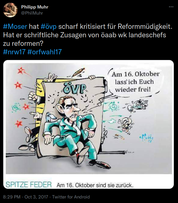 #Moser hat #övp scharf kritisiert für Reformmüdigkeit. Hat er schriftliche Zusagen von öaab wk landeschefs zu reformen? #nrw17 #orfwahl17