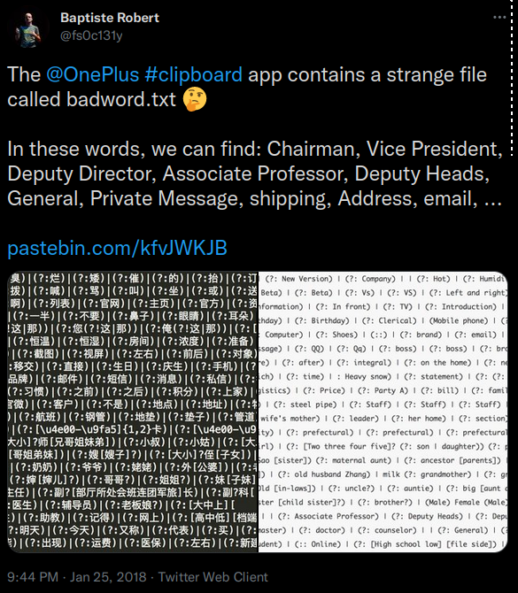 The @OnePlus #clipboard app contains a strange file called badword.txt 🤔 In these words, we can find