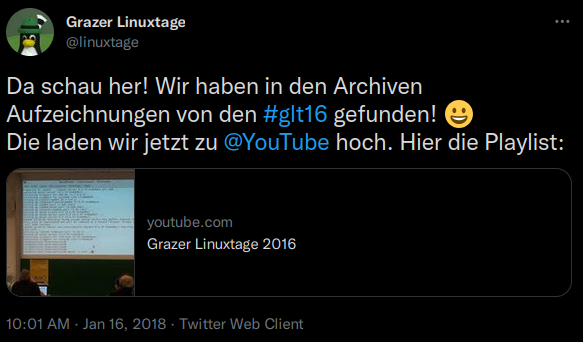 Da schau her! Wir haben in den Archiven Aufzeichnungen von den #glt16 gefunden! 😀 Die laden wir jetzt zu @YouTube hoch. Hier die Playlist