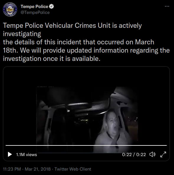 Tempe Police Vehicular Crimes Unit is actively investigating the details of this incident that occurred on March 18th. We will provide updated information regarding the investigation once it is available.