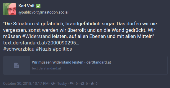 "Die Situation ist gefährlich, brandgefährlich sogar. Das dürfen wir nie vergessen, sonst werden wir überrollt und an die Wand gedrückt. Wir müssen #Widerstand leisten, auf allen Ebenen und mit allen Mitteln" https