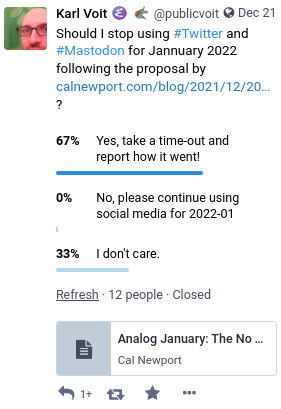 Result was 67% yes, 0% no, 33% I don't care with 12 participants.