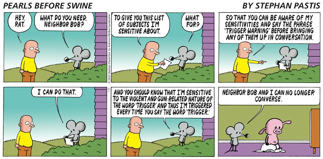 Neighbor Bob gives rat a list of sensitive topics and asks rat to add a trigger warning for all those topics. Rat explains that he is sensitive to the word "trigger". In the end, rat reports to swine that he and Bob can't no longer converse.