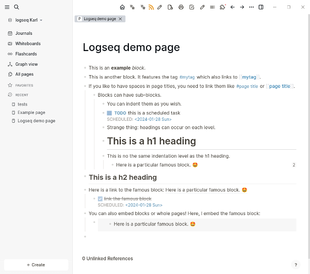 A screenshot from Logseq that shows some features.