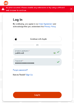 Screenshot of the reddit Log In screen with